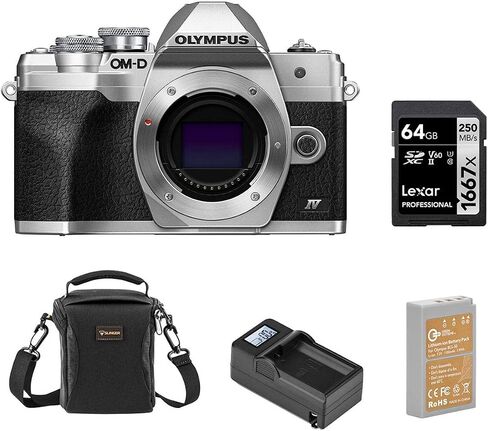 هيكل كاميرا Olympus OM-D E-M10 Mark IV، حزمة فضية مع بطاقة SD سعة 64 جيجابايت، وحقيبة كتف، وبطارية إضافية، وشاحن ذكي in Saudi Arabia