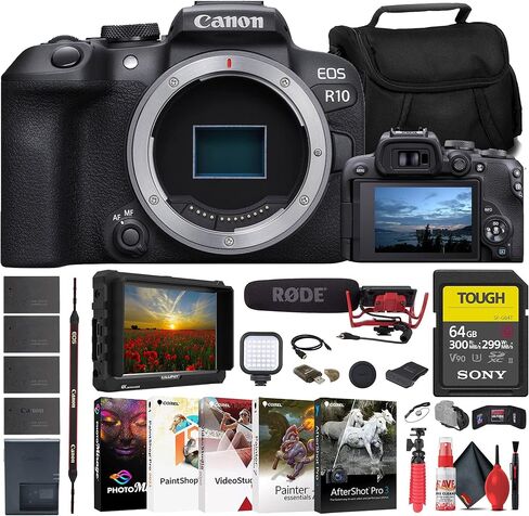 كاميرا Canon EOS R10 بدون مرآة (5331C002) + شاشة 4K + Rode VideoMic + بطاقة SD قوية سعة 64 جيجابايت من سوني + حقيبة + شاحن + 3 بطاريات LPE17 + قارئ بطاقات + ضوء LED + برنامج Corel للصور + المزيد (متجدد) in Saudi Arabia