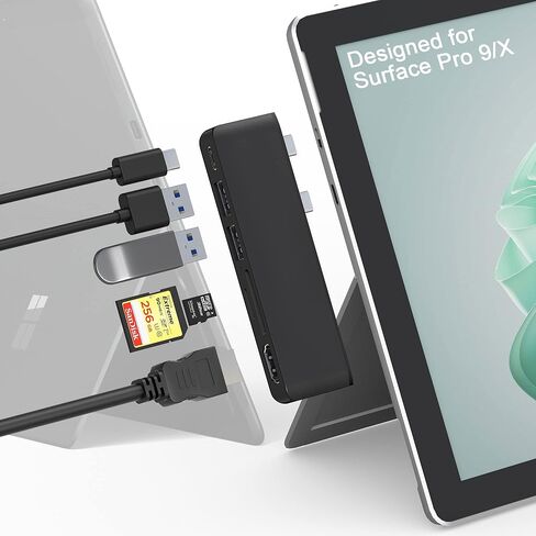 ملحقات سيرفس برو 9، قاعدة شحن سيرفس برو 8 مع منفذ HDMI 4K وUSB-C ثونربولت 4 (شاشة + بيانات + شحن بي دي)، USB 3.0×2، فتحة بطاقة SD TF، شاشة ثلاثية لجهاز سيرفس برو 9/X in Kuwait