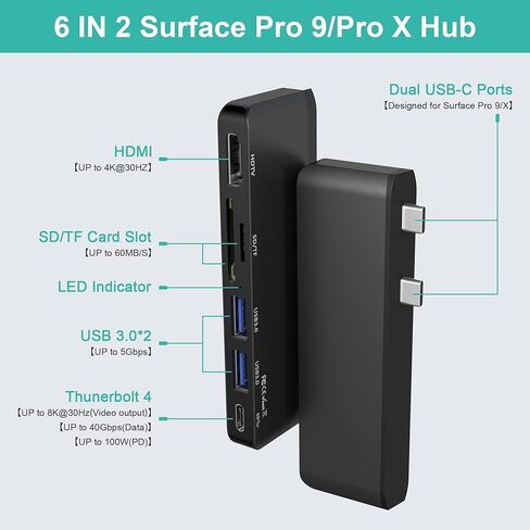 ملحقات سيرفس برو 9، قاعدة شحن سيرفس برو 8 مع منفذ HDMI 4K وUSB-C ثونربولت 4 (شاشة + بيانات + شحن بي دي)، USB 3.0×2، فتحة بطاقة SD TF، شاشة ثلاثية لجهاز سيرفس برو 9/X in Kuwait