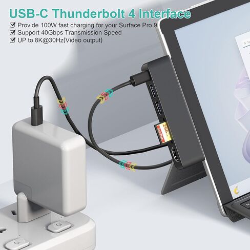 ملحقات سيرفس برو 9، قاعدة شحن سيرفس برو 8 مع منفذ HDMI 4K وUSB-C ثونربولت 4 (شاشة + بيانات + شحن بي دي)، USB 3.0×2، فتحة بطاقة SD TF، شاشة ثلاثية لجهاز سيرفس برو 9/X in Kuwait