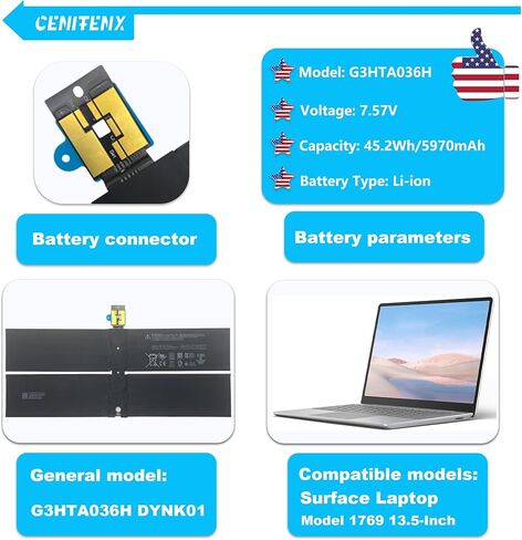 استبدال بطارية CENIFENX G3HTA036H DYNK01 لجهاز Microsoft Surface Laptop 1 وبطارية Surface Laptop 2، موديل 1769 13.5 بوصة 45.2Wh، 7.57V، 5970mAh (ليس لجهاز Surface Laptop 2 Gen Model 1782 13.5 بوصة) in Kuwait