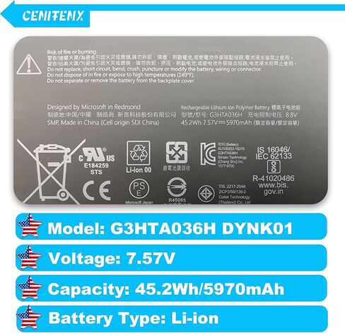 استبدال بطارية CENIFENX G3HTA036H DYNK01 لجهاز Microsoft Surface Laptop 1 وبطارية Surface Laptop 2، موديل 1769 13.5 بوصة 45.2Wh، 7.57V، 5970mAh (ليس لجهاز Surface Laptop 2 Gen Model 1782 13.5 بوصة) in Kuwait