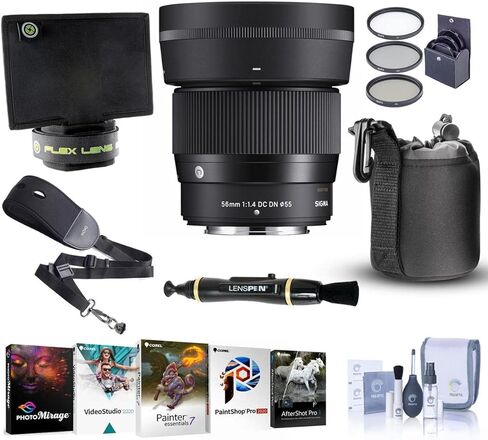 عدسة سيجما 56 مم f/1.4 DC DN المعاصرة لـ Fujifilm X، حزمة مع طقم فلتر 55 مم، ظل عدسة مرن، حقيبة عدسة، منظف العدسات، مجموعة التنظيف، مجموعة برامج الكمبيوتر، حزام حبال NS-3 in Kuwait