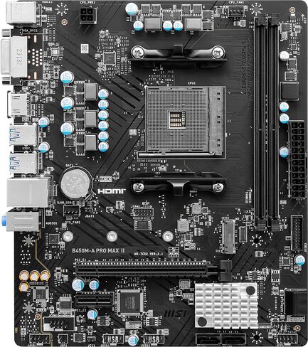 MSI لوحة ام B450M-A برو ماكس II برو سيريز (mATX، تدعم AMD 5000/4000/3000/2000/1000 سلسلة AM4، M.2، ساتا 6G، USB 3.2 الجيل الاول، DDR4، HDMI/DVI، شبكة محلية LAN 2.5Gbps ) in Kuwait