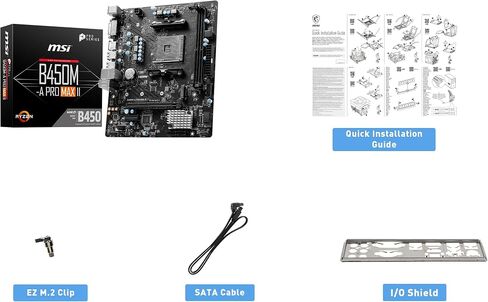 MSI لوحة ام B450M-A برو ماكس II برو سيريز (mATX، تدعم AMD 5000/4000/3000/2000/1000 سلسلة AM4، M.2، ساتا 6G، USB 3.2 الجيل الاول، DDR4، HDMI/DVI، شبكة محلية LAN 2.5Gbps ) in Kuwait