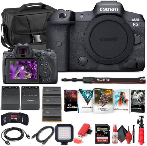 Canon EOS R5 Mirrorless Digital Camera (Body Only) (4147C002) + 64GB Memory Card + Case + Corel Photo Software + 2 x LPE6 Battery + External Charger + Card Reader + Light + HDMI Cable + More (Renewed) in Saudi Arabia