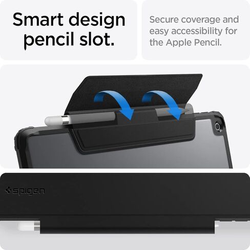 حافظة Spigen Ultra Hybrid Pro مصممة لجهاز iPad 10.2، حافظة iPad من الجيل التاسع (2021) / حافظة iPad من الجيل الثامن (2020) / حافظة iPad من الجيل السابع (2019) مع ظهر شفاف وحامل أقلام - أسود in Kuwait