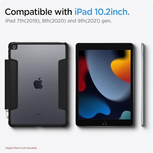 حافظة Spigen Ultra Hybrid Pro مصممة لجهاز iPad 10.2، حافظة iPad من الجيل التاسع (2021) / حافظة iPad من الجيل الثامن (2020) / حافظة iPad من الجيل السابع (2019) مع ظهر شفاف وحامل أقلام - أسود in Kuwait