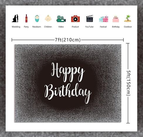 Black and Silver Happy Birthday Backdrop Father's Day Grey Glitter Birthday Photography Background Men Women Adult Birthday Decoration Supplies 8x6FT in Kuwait