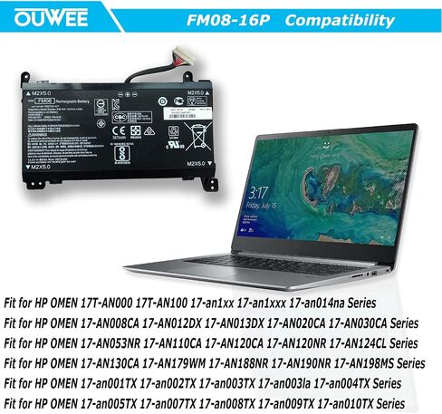 OUWEE HSTNN-LB8B FM08 Laptop Battery Compatible with HP Omen 17-AN013TX 17-AN014TX 17-AN014NG 17-an008ur Series TPN-Q195 922752-421 922753-421 922976-855 14.4V 86Wh 5973mAh(16-Pin Connector) in Saudi Arabia