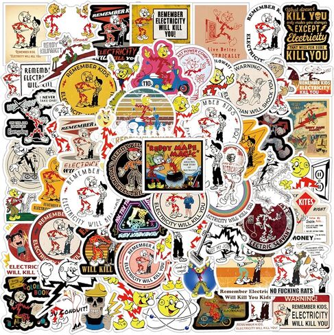 63Pcs Reddy Kilowatt Remember Kids Electricity Will Kill You Sticker Decals, Electrician Warning Caution Vinyl Waterproof Stickers for Water Bottle,Computer,Laptop,Car,Bumper,Helmet,Hard Hat in Kuwait