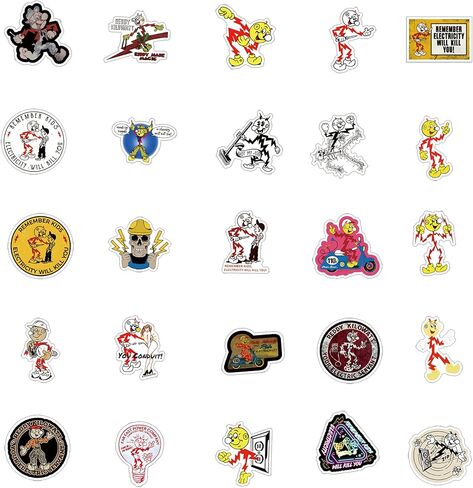 63Pcs Reddy Kilowatt Remember Kids Electricity Will Kill You Sticker Decals, Electrician Warning Caution Vinyl Waterproof Stickers for Water Bottle,Computer,Laptop,Car,Bumper,Helmet,Hard Hat in Kuwait