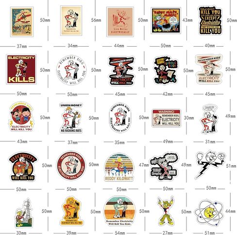 63Pcs Reddy Kilowatt Remember Kids Electricity Will Kill You Sticker Decals, Electrician Warning Caution Vinyl Waterproof Stickers for Water Bottle,Computer,Laptop,Car,Bumper,Helmet,Hard Hat in Kuwait