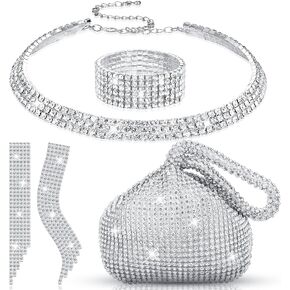 Meanplan Silver Bling Clutch Purse Rhinestone Jewelry Set 4 Pieces Crystal Dangle Fringe Earrings Bridal Wedding Choker Necklace Bracelet and Evening Clutch Bag for Women Girls