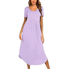 Ekouaer Women's Short Sleeve Long Nightgown Pleated Sleep Dress Soft Nightshirt Sleepwear Lounge Dresses