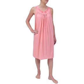 Miss Elaine Nightgown - Women's Short Nylon Tricot Gown, Sleeveless Gown with Petal Embroidery at Round Neck