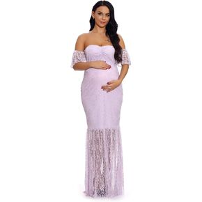 ZIUMUDY Women's Off Shoulder Ruffle Sleeve Lace Mermaid Maternity Baby Shower Gown Maxi Photography Dress in Saudi Arabia