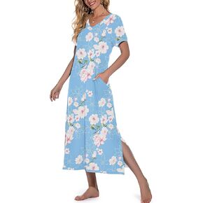 PrinStory Womens Long Nightgown Short Sleeve Nightshirt V-Neck Soft Loungewear Casual Sleepwear With Pockets