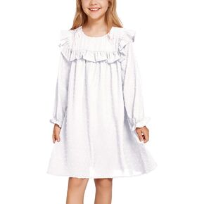 فستان Flypigs منقط سويسري للفتيات فستان مزين بكشكشة ورقبة دائرية فستان كاجوال بأكمام طويلة فستان واسع للفتيات من سن 6 إلى 13 سنة in Kuwait