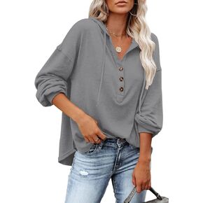 سويت شيرت نسائي كاجوال بأكمام طويلة ورقبة على شكل حرف V من Kisscynest، خفيف الوزن وزر بقلنسوة Henley in Kuwait