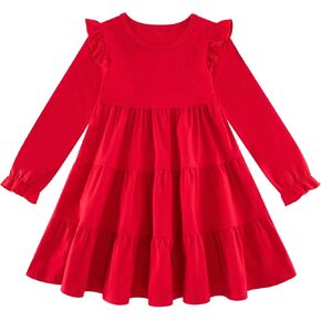 Vieille Toddler Girls Cotton Dress Long Sleeve Ruffle Fall Dress Kids Solid Casual Clothes for 2-8 Years