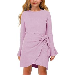 Girl's Midi Dresses Solid Waffle Knit Dress Flared Long Sleeve Belted Dress for Kids