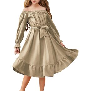 Arshiner Girls Long Sleeve Dress Holiday Party Casual Ruffle Flowy Swing Midi Dresses 5-14 Years