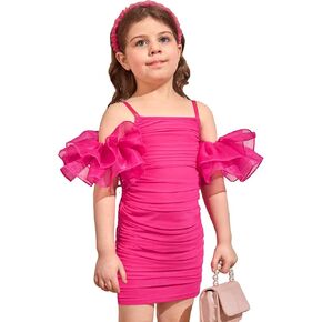 WDIRARA Girl's Cold Shoulder Layered Ruffled Short Sleeve Ruched Party Pencil Mini Dress