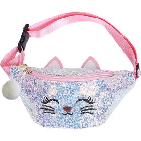 Kids Fanny Pack for Girls Shiny Waist Bag Cat Gift with Pom Pom