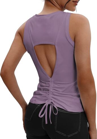 VOOVEEYA Ruched Workout Tank Tops for Women Open Back - Crop Cute Tops Racerback Keyhole Cropped Yoga Tops Tie Back in Kuwait