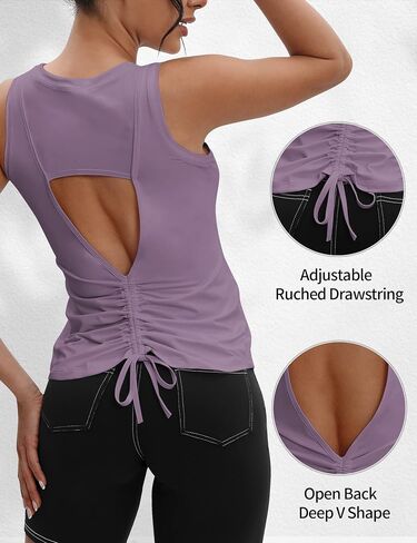 VOOVEEYA Ruched Workout Tank Tops for Women Open Back - Crop Cute Tops Racerback Keyhole Cropped Yoga Tops Tie Back in Kuwait