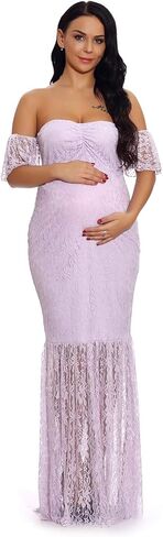ZIUMUDY Women's Off Shoulder Ruffle Sleeve Lace Mermaid Maternity Baby Shower Gown Maxi Photography Dress in Saudi Arabia