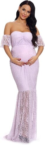 ZIUMUDY Women's Off Shoulder Ruffle Sleeve Lace Mermaid Maternity Baby Shower Gown Maxi Photography Dress in Saudi Arabia