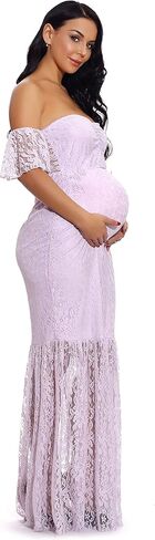 ZIUMUDY Women's Off Shoulder Ruffle Sleeve Lace Mermaid Maternity Baby Shower Gown Maxi Photography Dress in Saudi Arabia
