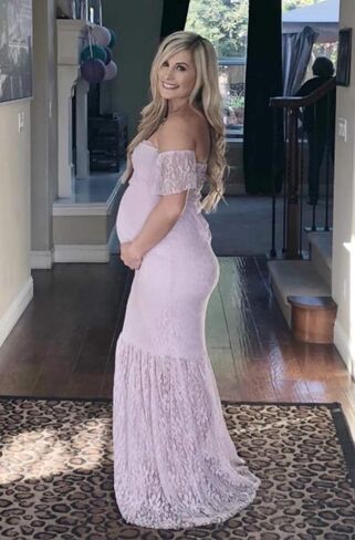 ZIUMUDY Women's Off Shoulder Ruffle Sleeve Lace Mermaid Maternity Baby Shower Gown Maxi Photography Dress in Saudi Arabia