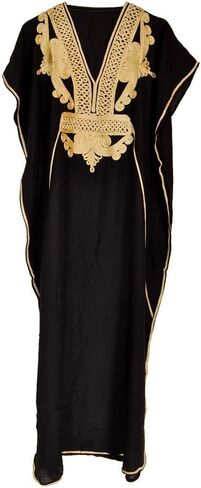 زوينا فستان قفطان مغربي للنساء من المعماري (قطن) ناعم للشاطئ، ملابس نوم عرقية طويلة بلون اسود، مقاس واحد, أسود, مقاس واحد in Kuwait