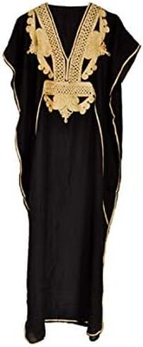 زوينا فستان قفطان مغربي للنساء من المعماري (قطن) ناعم للشاطئ، ملابس نوم عرقية طويلة بلون اسود، مقاس واحد, أسود, مقاس واحد in Kuwait