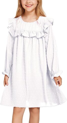 فستان Flypigs منقط سويسري للفتيات فستان مزين بكشكشة ورقبة دائرية فستان كاجوال بأكمام طويلة فستان واسع للفتيات من سن 6 إلى 13 سنة in Kuwait