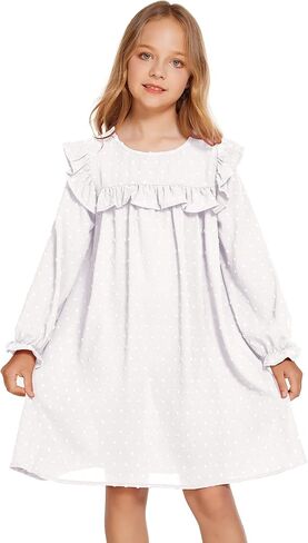 فستان Flypigs منقط سويسري للفتيات فستان مزين بكشكشة ورقبة دائرية فستان كاجوال بأكمام طويلة فستان واسع للفتيات من سن 6 إلى 13 سنة in Kuwait