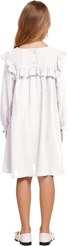 فستان Flypigs منقط سويسري للفتيات فستان مزين بكشكشة ورقبة دائرية فستان كاجوال بأكمام طويلة فستان واسع للفتيات من سن 6 إلى 13 سنة in Kuwait