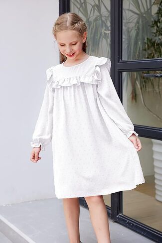 فستان Flypigs منقط سويسري للفتيات فستان مزين بكشكشة ورقبة دائرية فستان كاجوال بأكمام طويلة فستان واسع للفتيات من سن 6 إلى 13 سنة in Kuwait