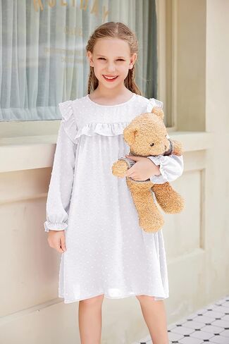 فستان Flypigs منقط سويسري للفتيات فستان مزين بكشكشة ورقبة دائرية فستان كاجوال بأكمام طويلة فستان واسع للفتيات من سن 6 إلى 13 سنة in Kuwait