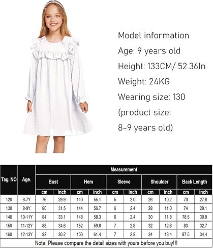 فستان Flypigs منقط سويسري للفتيات فستان مزين بكشكشة ورقبة دائرية فستان كاجوال بأكمام طويلة فستان واسع للفتيات من سن 6 إلى 13 سنة in Kuwait