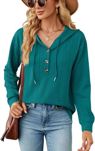 IN Chenthy المرأة 2023 خريف موضة الخامس الرقبة زر أسفل هوديس فضفاض البلوز الرباط قمصان سويت شيرت بقلنسوة in Kuwait