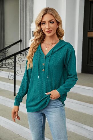 IN Chenthy المرأة 2023 خريف موضة الخامس الرقبة زر أسفل هوديس فضفاض البلوز الرباط قمصان سويت شيرت بقلنسوة in Kuwait