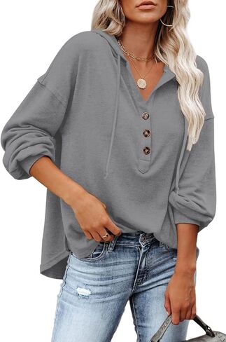 سويت شيرت نسائي كاجوال بأكمام طويلة ورقبة على شكل حرف V من Kisscynest، خفيف الوزن وزر بقلنسوة Henley in Kuwait