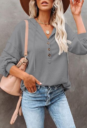 سويت شيرت نسائي كاجوال بأكمام طويلة ورقبة على شكل حرف V من Kisscynest، خفيف الوزن وزر بقلنسوة Henley in Kuwait