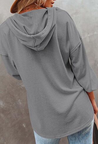 سويت شيرت نسائي كاجوال بأكمام طويلة ورقبة على شكل حرف V من Kisscynest، خفيف الوزن وزر بقلنسوة Henley in Kuwait