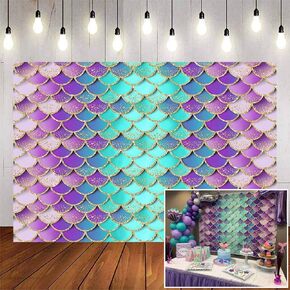 Avezano Mermaid Birthday Backdrop Glitter Mermaid Scales Backdrops Kids Birthday Party Decor Girls Princess Baby Shower Photo Background Purple Aqua Green Shell Backdrop (6x6ft)